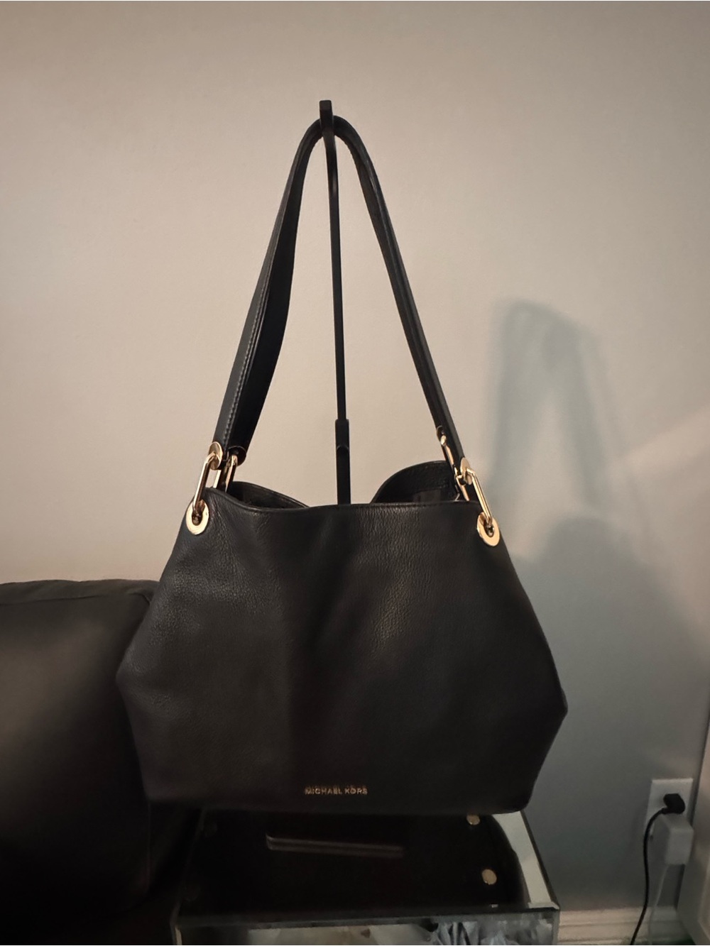 Michael Kors Black Pebbled Leather Shoulder Tote with Gold Hardware